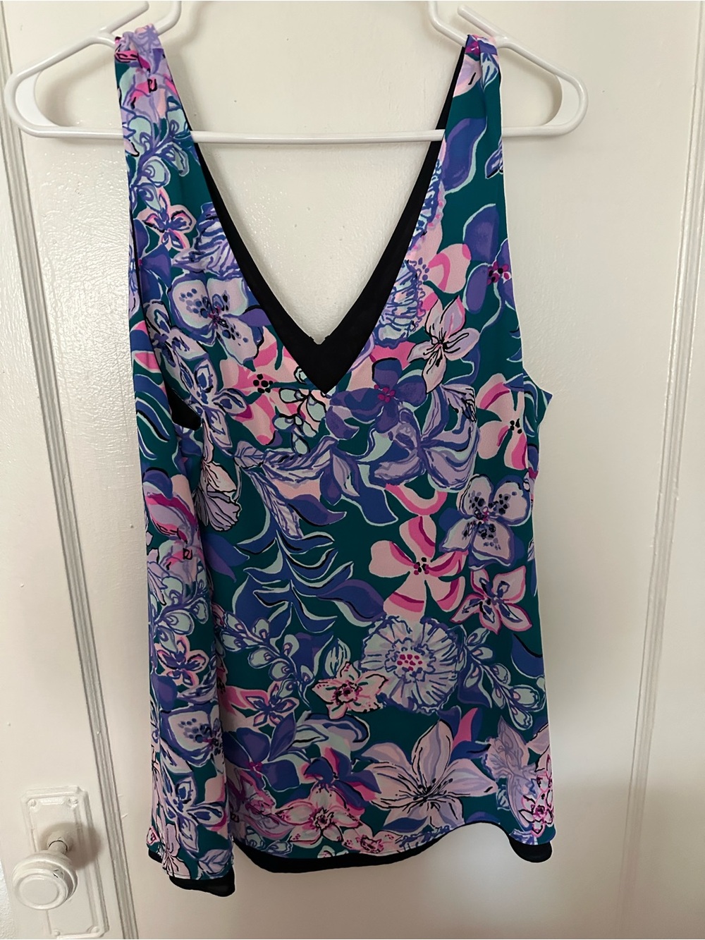 Floral V-Neck Sleeveless Tank in Teal, Purple & Pink. Reversible.  Silk.